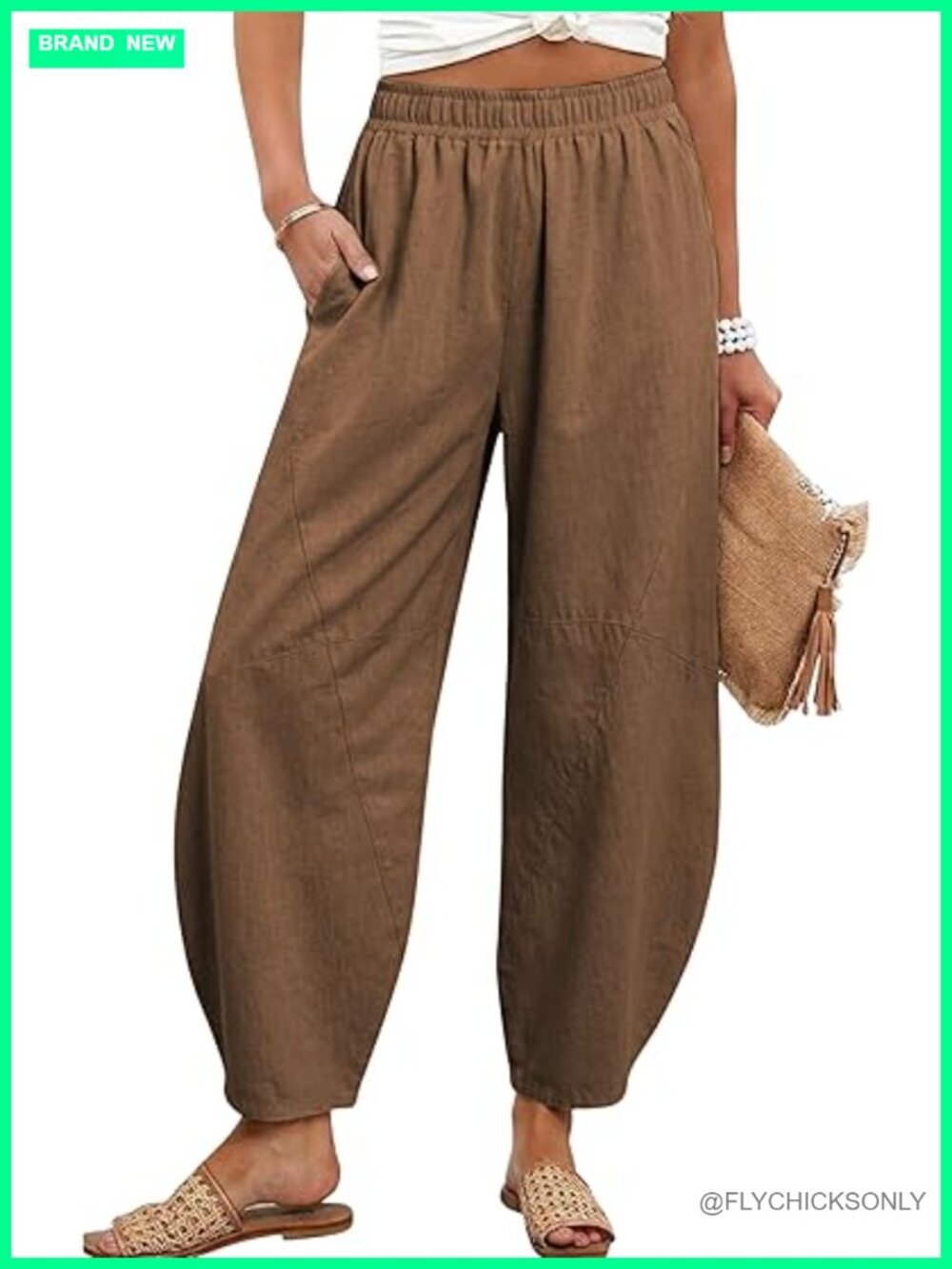 Women's Elastic Waisted Barrel Capri Pants Wide Leg Casual Cotton Blend Trousers